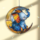 Baby Elephant on Moon Acrylic Suncatcher, Blue and Gold Animal Window Hanging, Nursery Decor, Cute Acrylic Gift for Kids Room